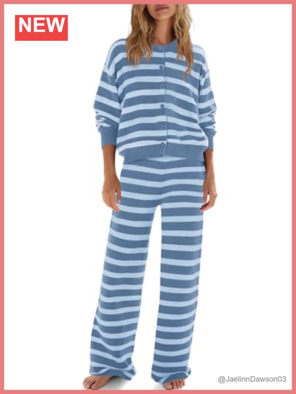 Womens Oversized Striped Cardigan and Wide Leg Pants Set with Pockets